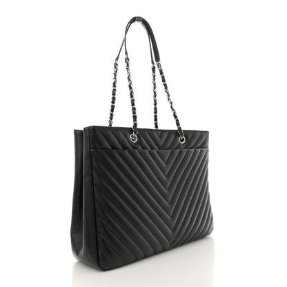 Caviar Chevron Quilted Large Shopping Tote Tote Black