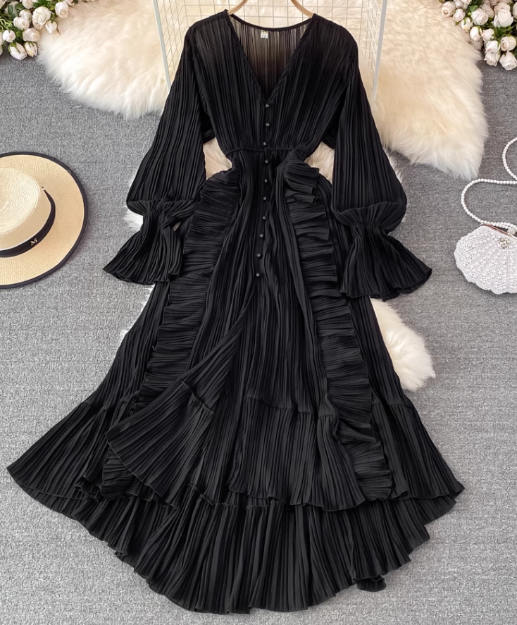 Spring super fairy seaside vacation ruffled high waist slim V-neck dress desert travel red long skirt R0329