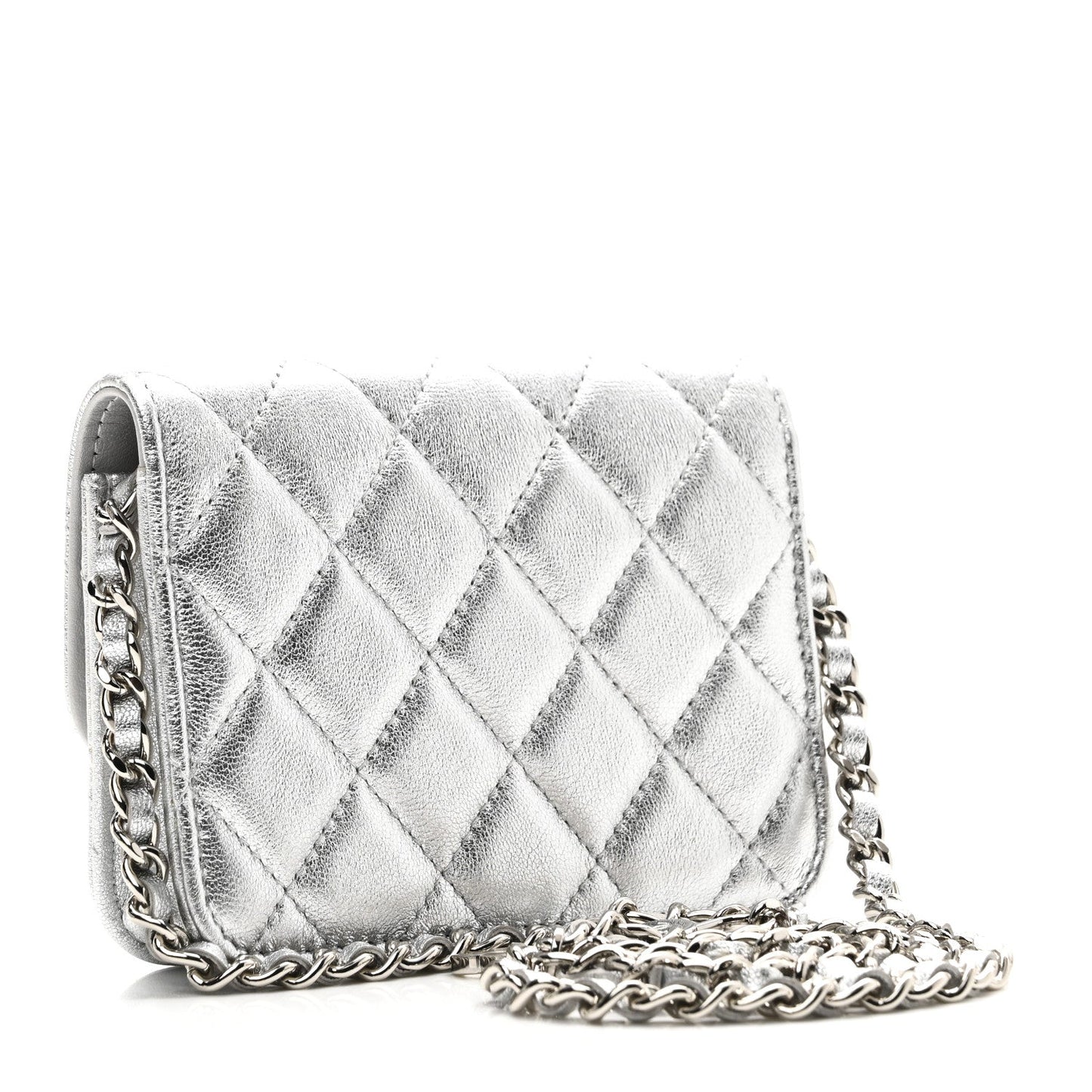 Metallic Lambskin Crystal Quilted Star Chain Belt Bag Silver