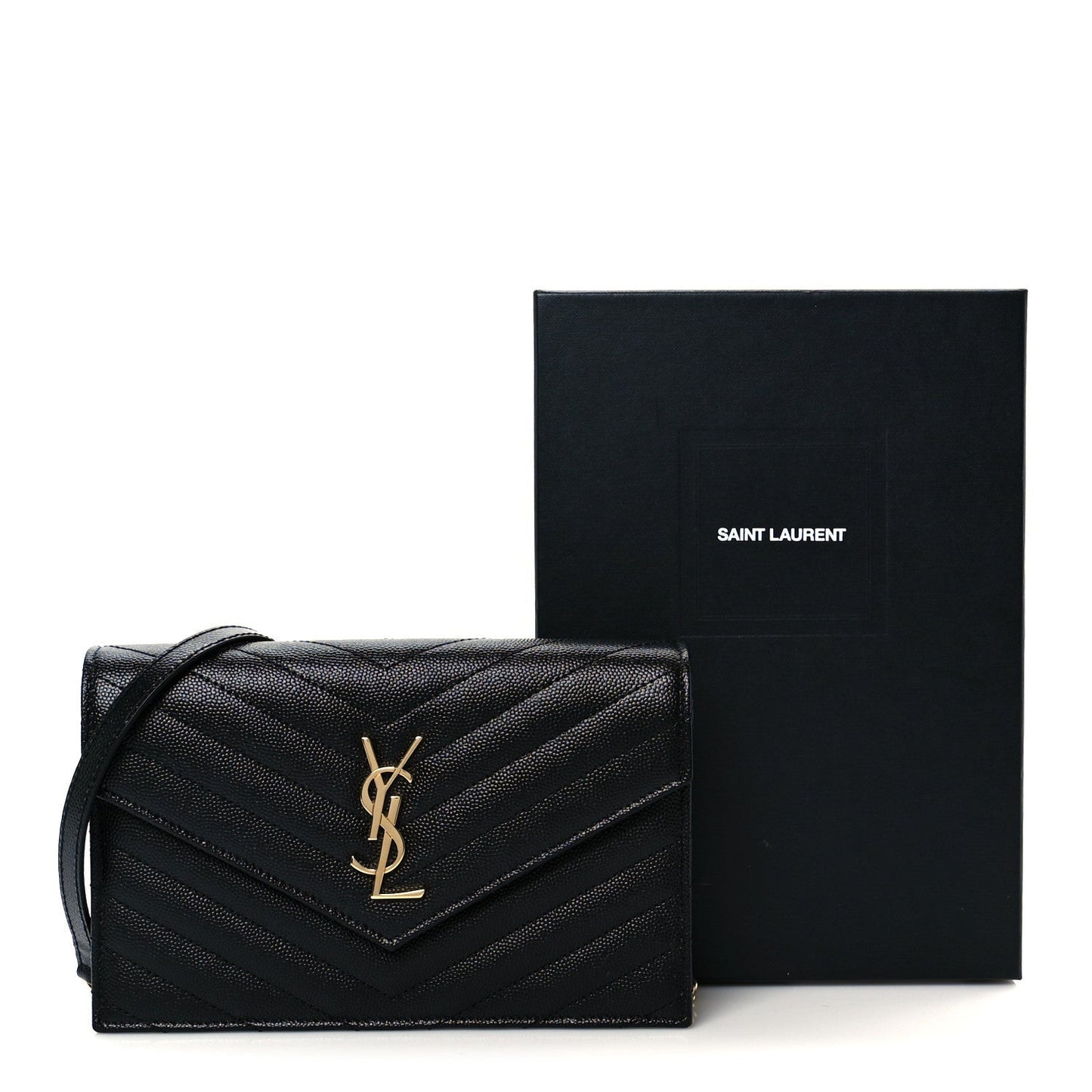 Grain De Poudre Matelasse Chevron Monogram Envelope Chain Wallet Black