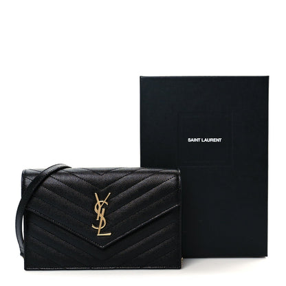 Grain De Poudre Matelasse Chevron Monogram Envelope Chain Wallet Black
