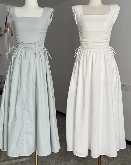 2025 summer new minimalist style high waist slim hollow square neck knitted long dress R0259