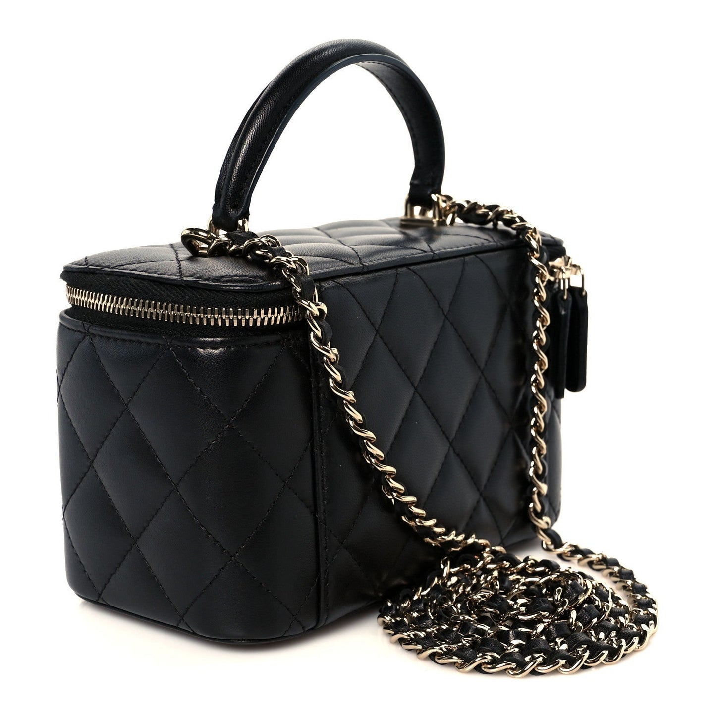 Lambskin Quilted Small Top Handle Vanity Case With Chain Black