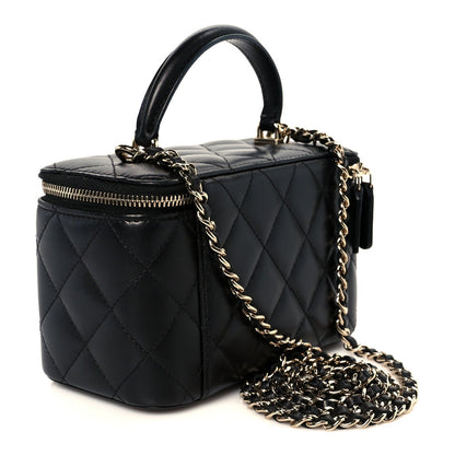 Lambskin Quilted Small Top Handle Vanity Case With Chain Black