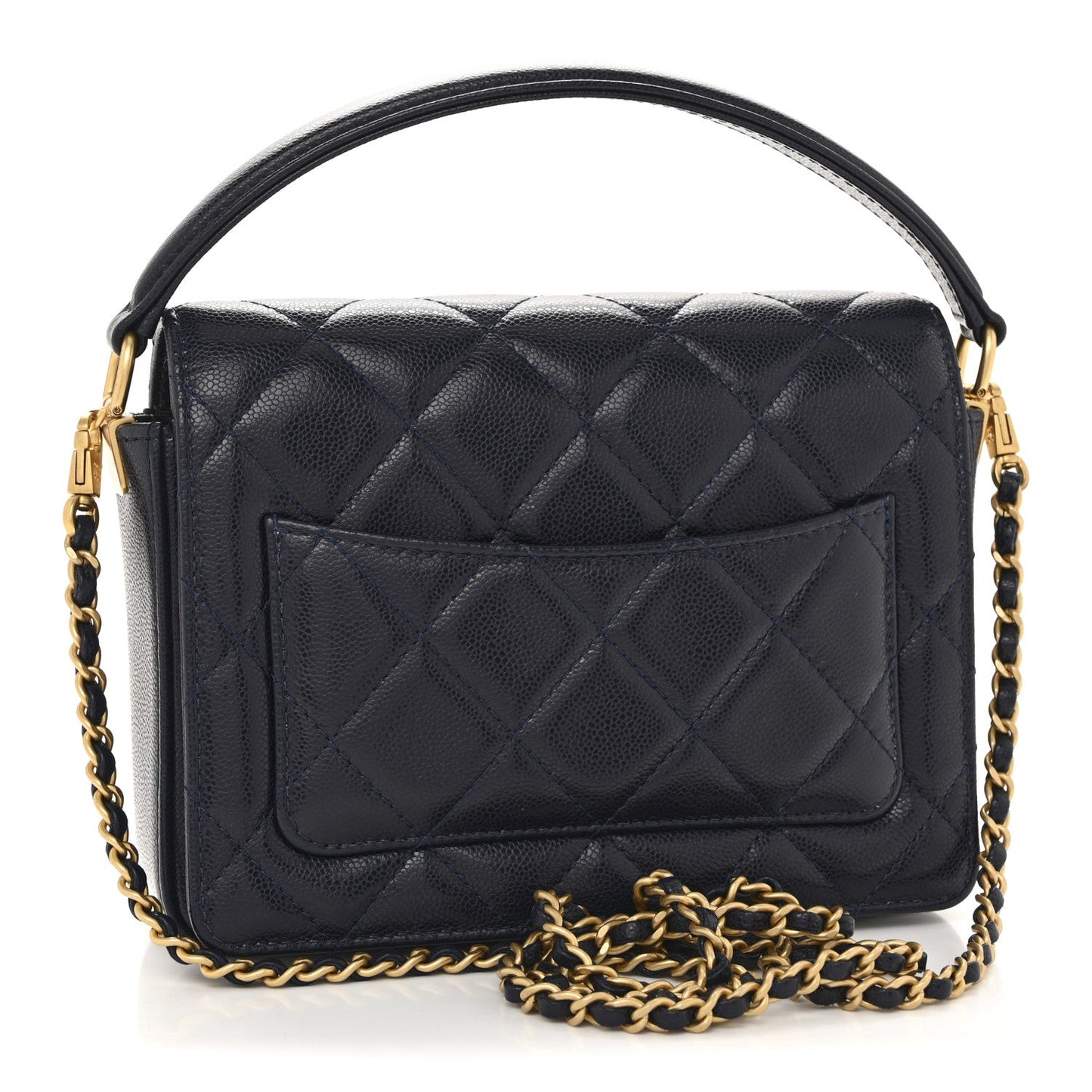 Shiny Caviar Quilted Mini Top Handle Flap Navy Blue