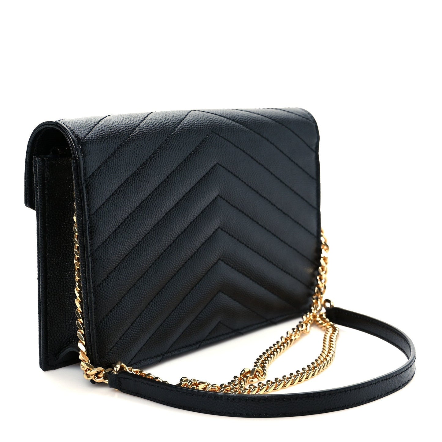 Grain De Poudre Matelasse Chevron Monogram Envelope Chain Wallet Black