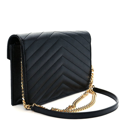 Grain De Poudre Matelasse Chevron Monogram Envelope Chain Wallet Black