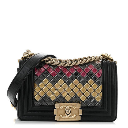Lambskin Tile Embroidered Small Brasserie Mosaic Boy Flap Black Multicolor