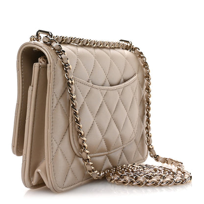 Pearly Lambskin Quilted Charms Wallet On Chain WOC Beige