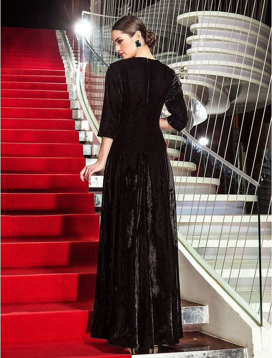 A-Line Black Dress Vintage Wedding Guest Formal Evening Floor Length 3/4 Length Sleeve Jewel Neck with Pleats