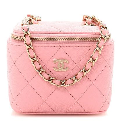 Caviar Quilted Mini Vanity Case With Chain Pink