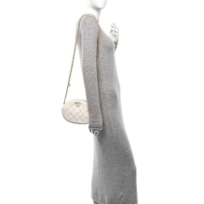 Lambskin Enamel Quilted Mini Clip Round Camera Case White
