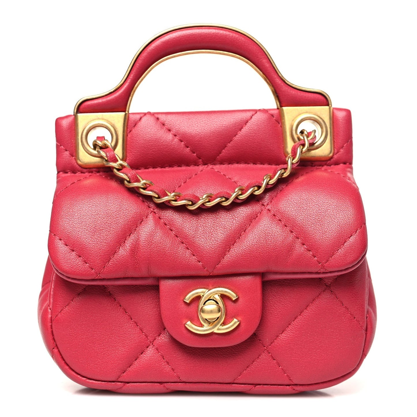 Calfskin Quilted Lady Handle Flap Card Holder With Chain Dark Pink