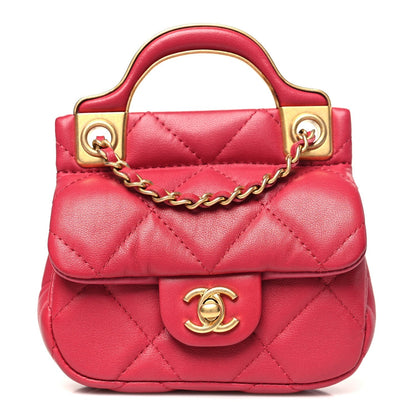 Calfskin Quilted Lady Handle Flap Card Holder With Chain Dark Pink