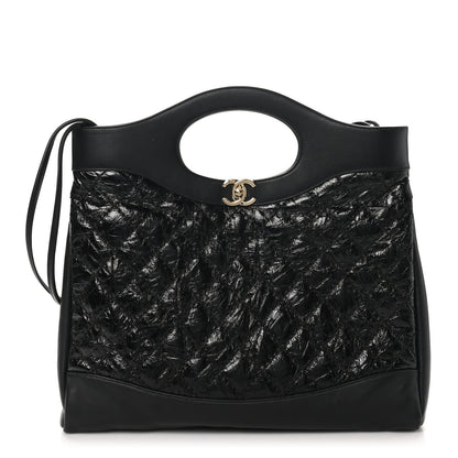 Crumpled Calfskin Quilted 31 Large Shopping Bag Black