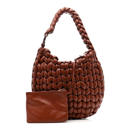 Lambskin Woven Wooden C Shoulder Bag Sepia Brown