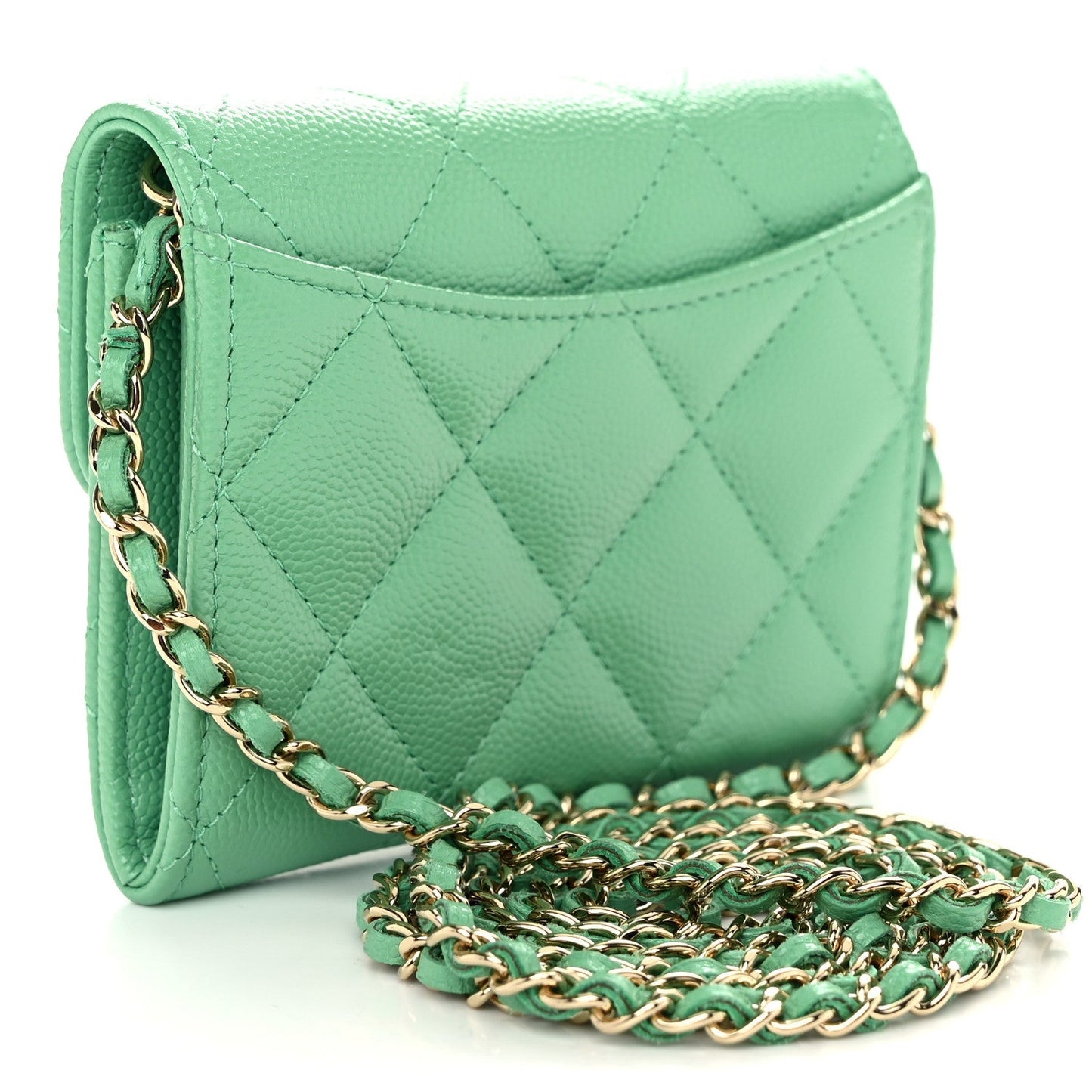 Caviar Quilted Flap Card Holder On Chain Light Green