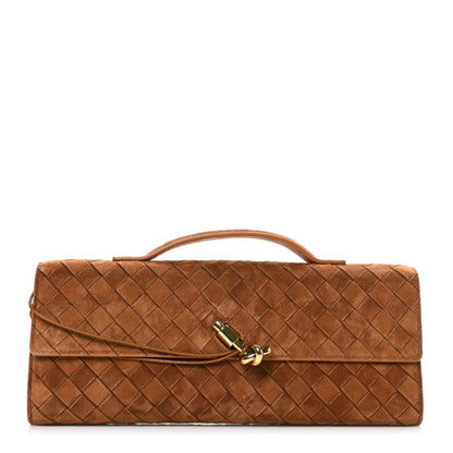 Suede Intrecciato Long Andiamo Top Handle Clutch Amber