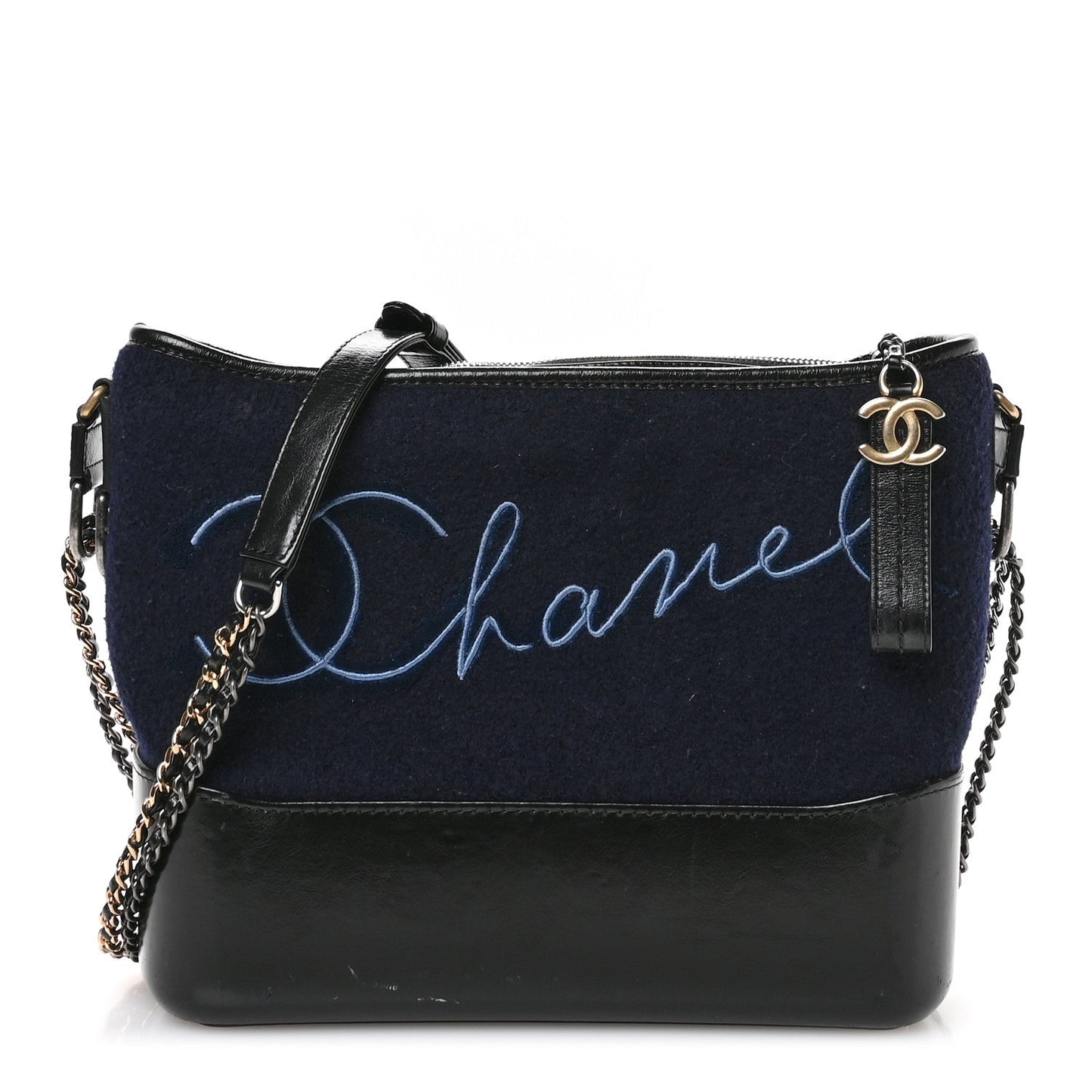 Calfskin Wool Embroidered Paris Hamburg Small Gabrielle Hobo Dark Navy Blue