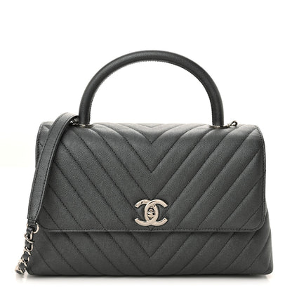 Metallic Caviar Chevron Quilted Small Coco Handle Flap Dark Silver