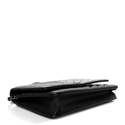 Iridescent Caviar Chevron Quilted Wallet On Chain WOC Black