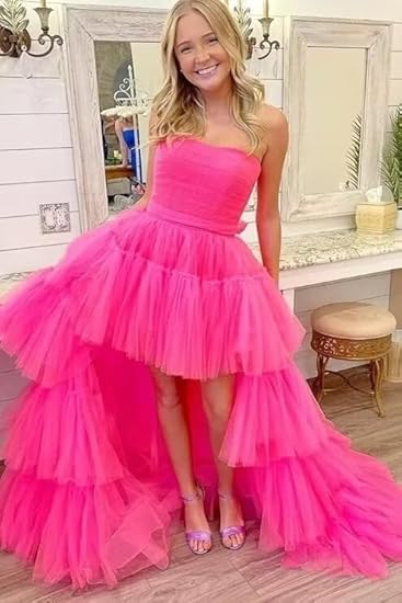 Hot Pink Strapless High Low Formal Gown,Tulle Prom Evening Dresses    fg538