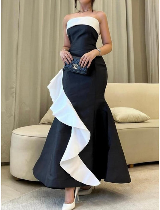 A-Line Evening Gown Elegant Dress Formal Ankle Length Black Dress Sleeveless Strapless Satin with Ruffles 2026