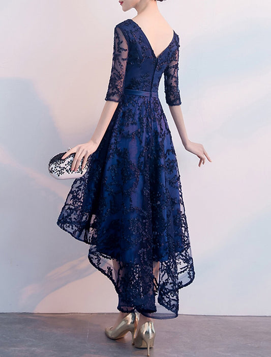A-Line Cocktail Dresses Elegant Dress Wedding Guest Party Wear Asymmetrical Half Sleeve V Neck Tulle with Pleats