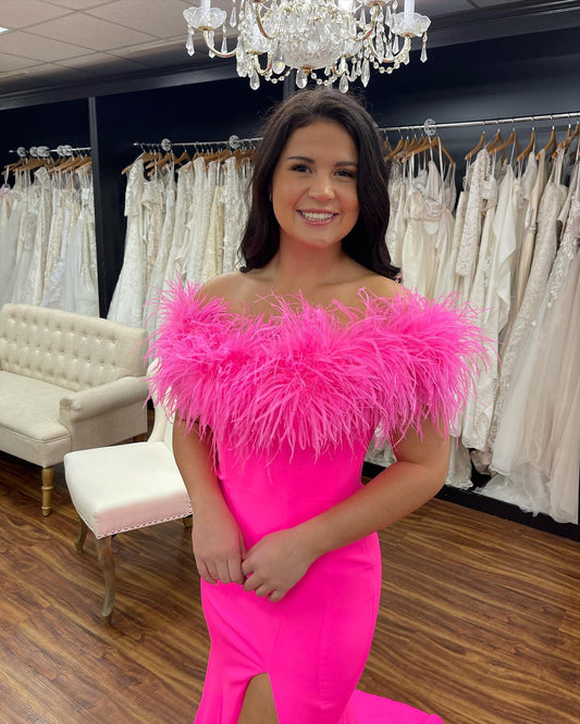 Hot Pink Mermaid Feather Neckline Off the Shoulder Formal Dress Elegant Hot Pink Prom Dress Y1311
