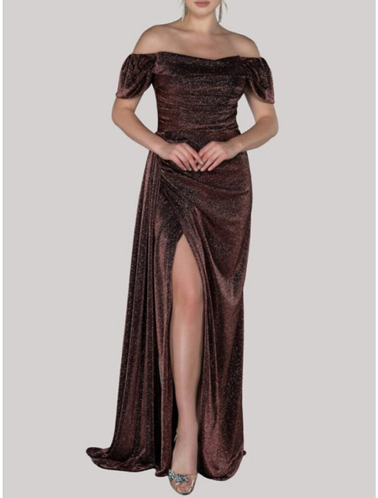 A-Line Evening Gown Elegant Dress Formal Sweep / Brush Train Short Sleeve Off Shoulder Lurex Fabric with Glitter Pleats Ruched