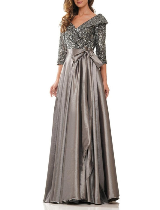 A-Line Evening Gown Elegant Dress Formal Black Dress Plus Size Floor Length Half Sleeve V Neck Satin with Bow(s) Pleats Sequin 2026