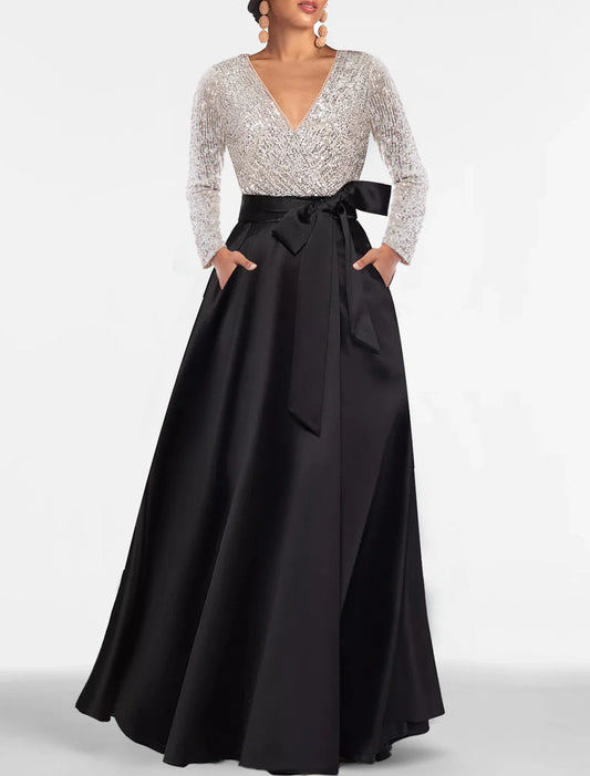 A-Line Evening Gown Black Dress Plus Size Color Block Dress Formal Floor Length Long Sleeve V Neck Fall Wedding Guest Satin with Sequin Pocket 2026