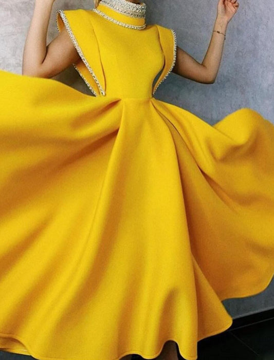 A-Line Elegant Vintage Party Wear Formal Evening Dress High Neck Sleeveless Tea Length Fabric with Beading