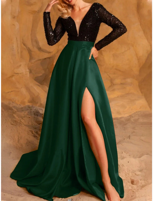 A-Line Evening Gown High Split Dress Formal Wedding Guest Sweep / Brush Train Long Sleeve V Neck Satin with Pleats Slit 2026