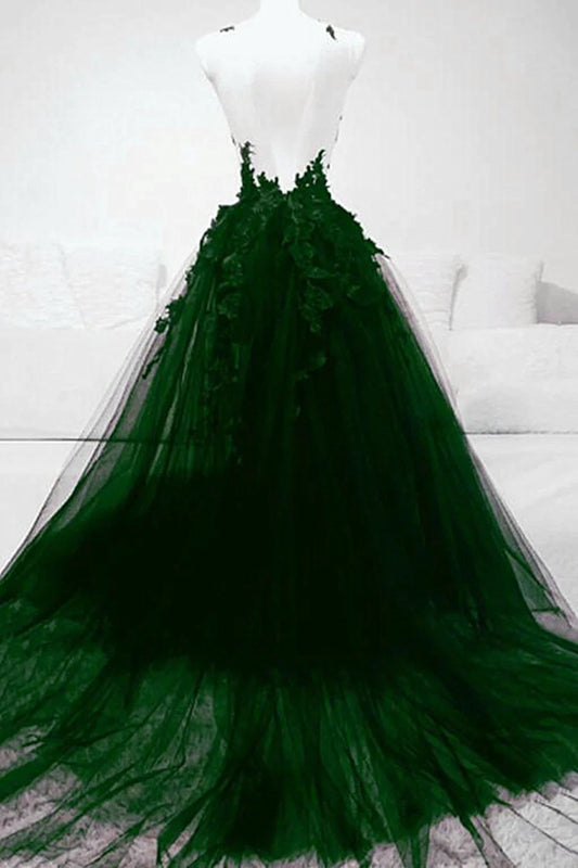 Green Tulle with Lace Applique Beaded Party Dress, Green Tulle Long Evening Dress