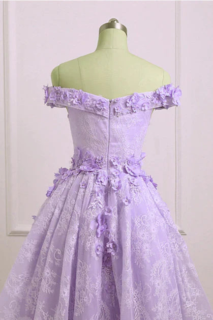 A-Line Adorable Lace Off the Shoulder High Low Cute Sweetheart Homecoming Dress