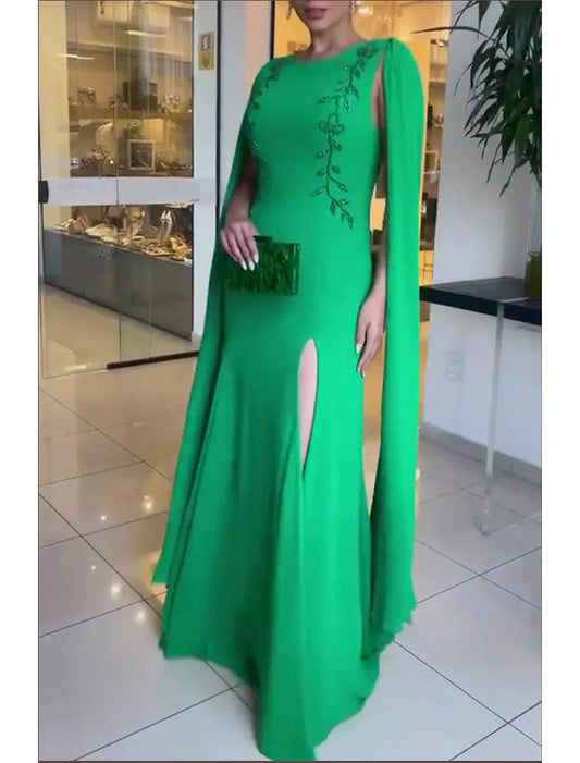 A-Line Evening Gown Elegant Dress Wedding Guest Black Tie Floor Length Long Sleeve Jewel Neck Capes Chiffon with Appliques