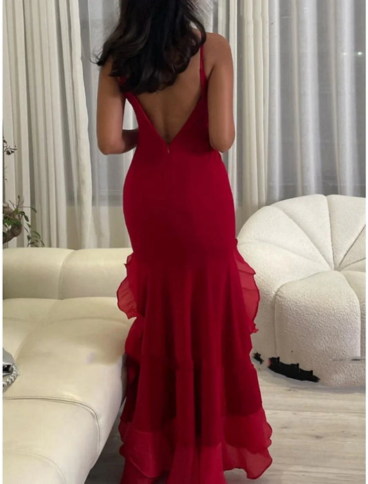 A-Line Evening Gown Elegant Dress Formal Ankle Length Christmas Red Green Dress Sleeveless Scoop Neck Chiffon with Ruffles Slit