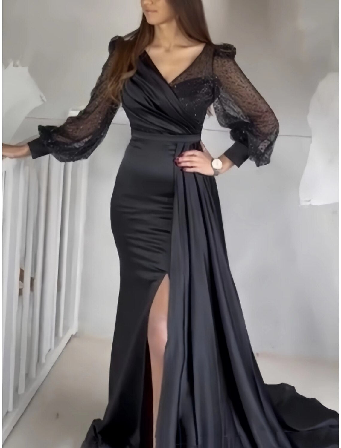 A-Line Evening Gown Sparkle & Shine Dress Formal Fall Court Train Long Sleeve V Neck Satin with Glitter Pleats