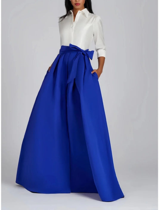 A-Line Evening Gown Party Dress Formal Wedding Guest Floor Length 3/4 Length Sleeve Shirt Collar Satin with Bow(s) Pleats