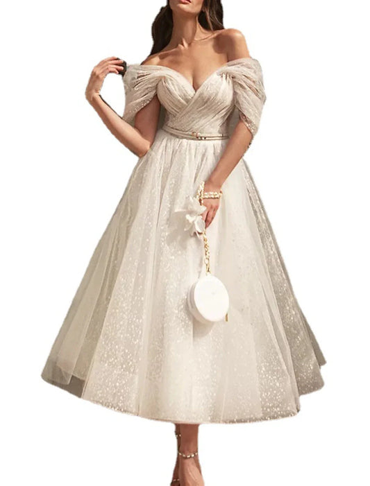 A-Line Cocktail Black Dress Vintage Dress Graduation Wedding Guest Tea Length Short Sleeve Off Shoulder Sequined with Sash / Ribbon Ruched Sequin 2026