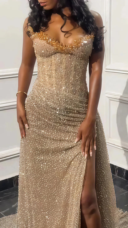 Glitter Bodycon Champagne Prom Dresses, Sexy Beaded Split Prom Gowns