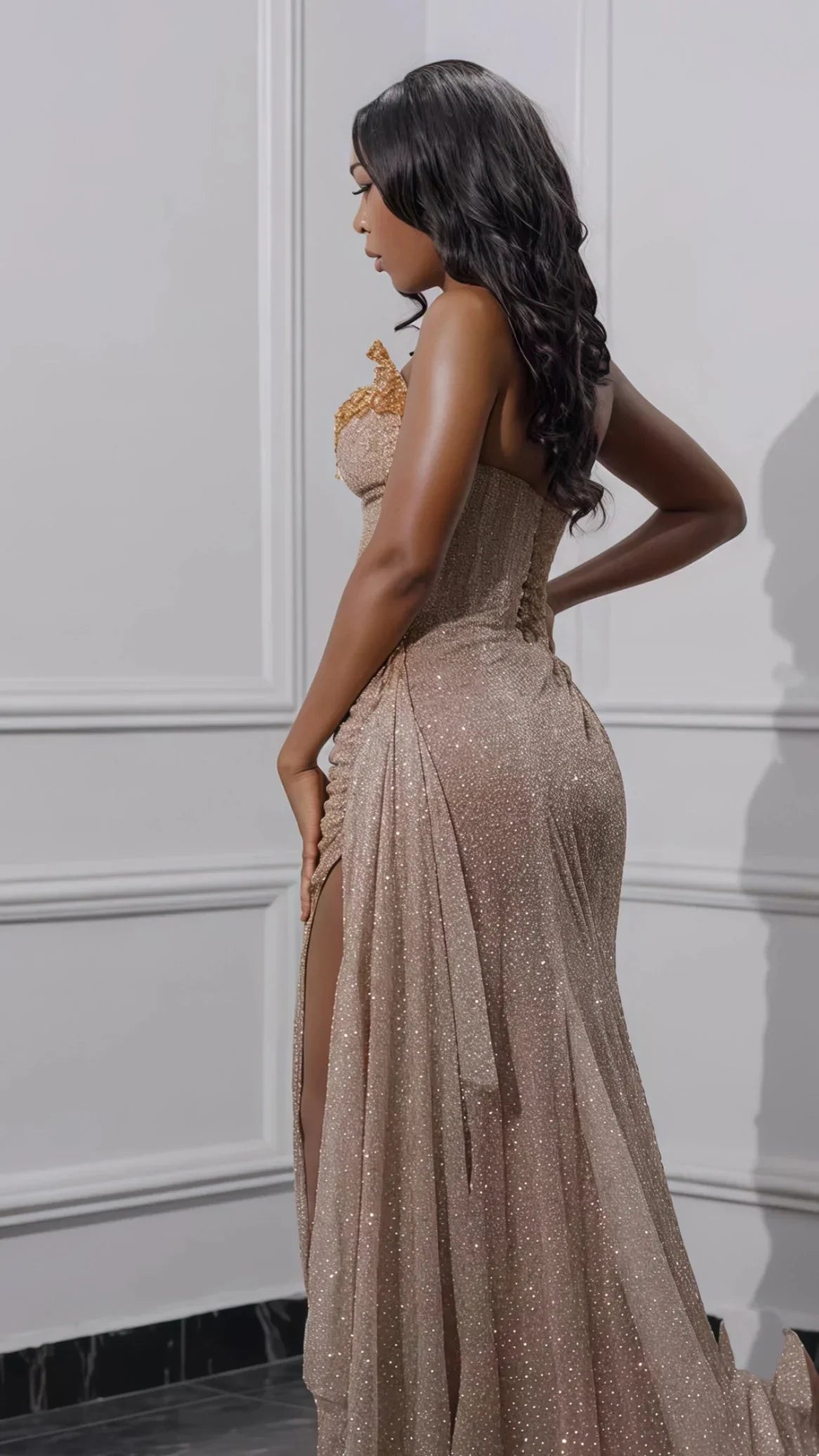 Glitter Bodycon Champagne Prom Dresses, Sexy Beaded Split Prom Gowns