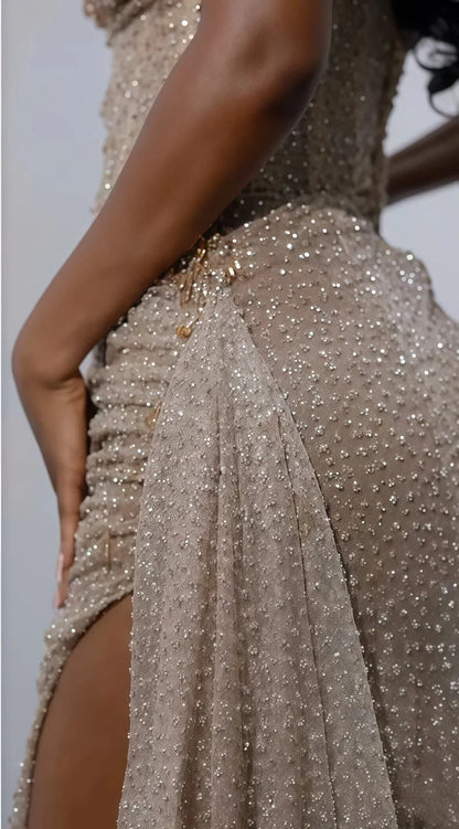 Glitter Bodycon Champagne Prom Dresses, Sexy Beaded Split Prom Gowns
