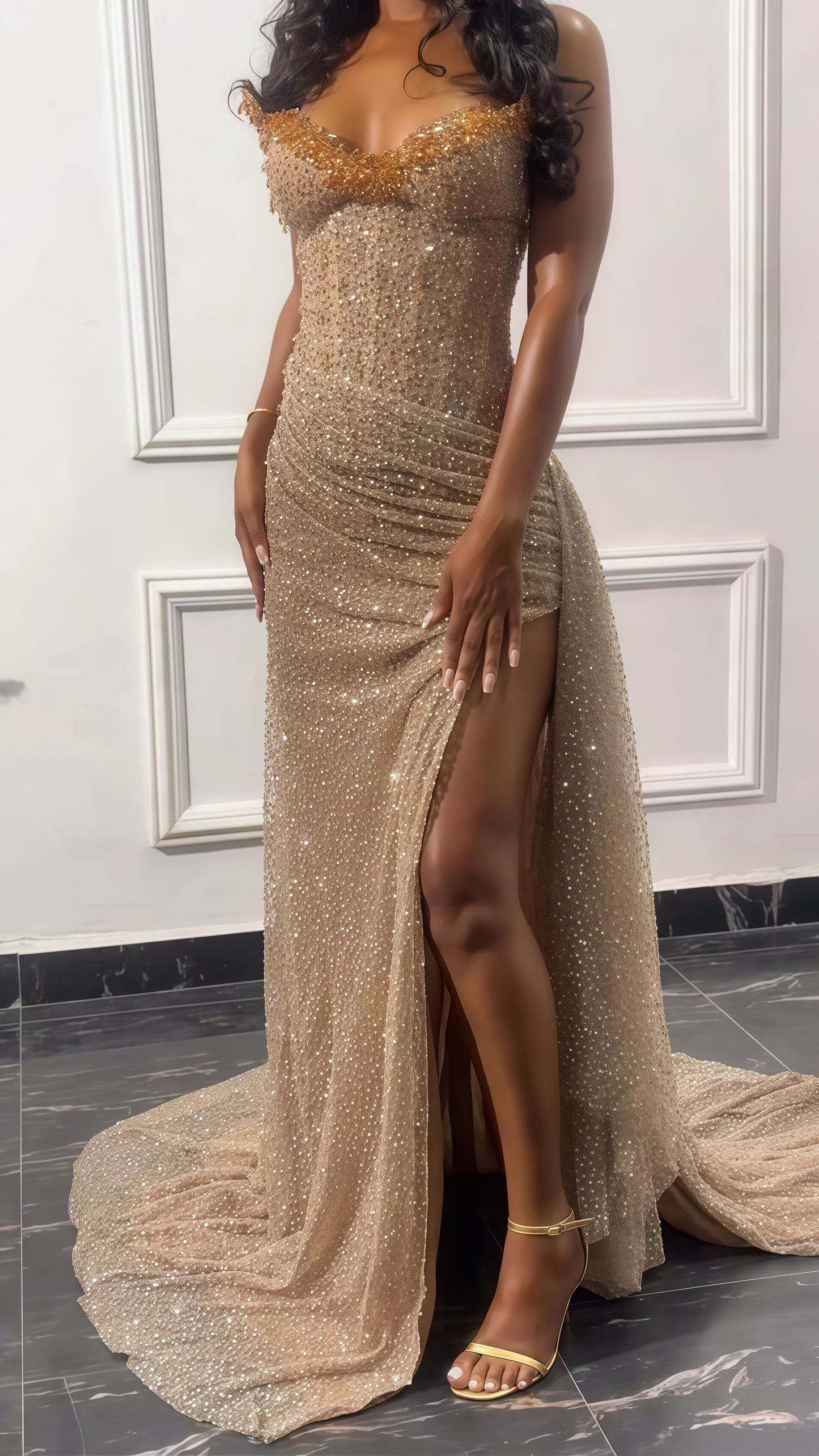Glitter Bodycon Champagne Prom Dresses, Sexy Beaded Split Prom Gowns
