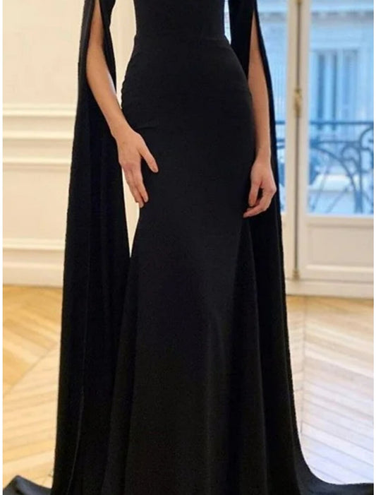 A-Line Evening Gown Elegant Dress Black Dress Formal Sweep / Brush Train Long Sleeve Sweetheart Fabric with Pleats