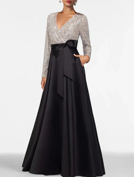 A-Line Evening Gown Black Dress Plus Size Color Block Dress Formal Floor Length Long Sleeve V Neck Fall Wedding Guest Satin with Sequin Pocket 2026