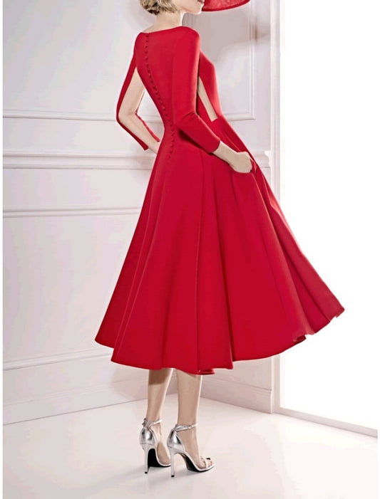 A-Line Cocktail Dresses Minimalist Dress Formal Fall Tea Length 3/4 Length Sleeve V Neck Fabric with Pleats