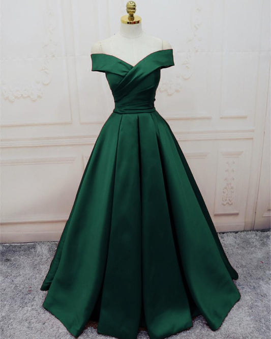 Green Satin Off Shoulder Lace-Up Prom Gowns, Senior Prom Dresses