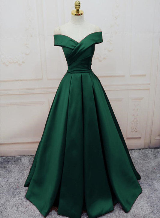 Green Satin Off Shoulder Lace-Up Prom Gowns, Senior Prom Dresses